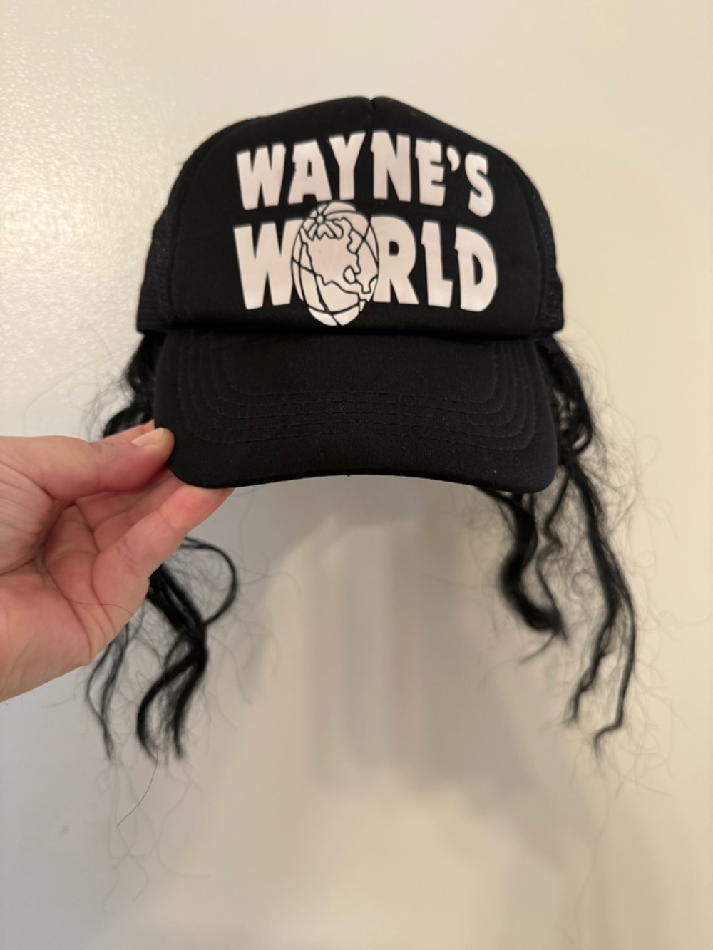 Wayne's World Black Trucker Hat with Hair